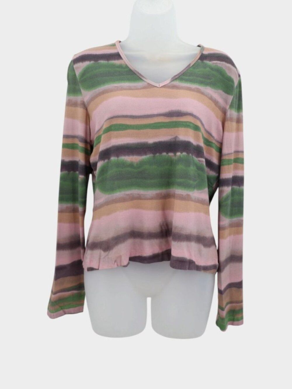 St. John Watercolor Stripe V-Neck Long Sleeve Top Pink Green Mauve Size Large